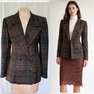 Vintage Plaid Double-Breasted Structured Shoulder Blazer - 6